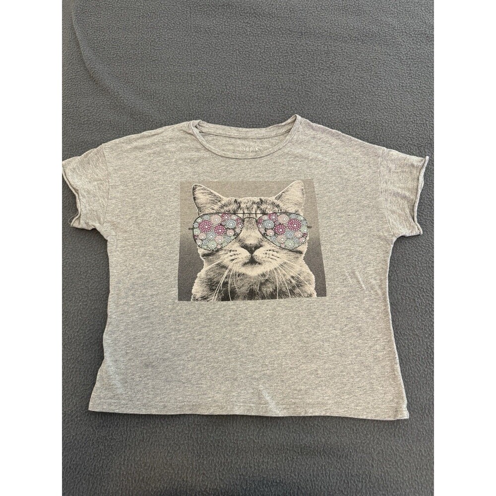 Kidpik Girls 12 Gray Cat Graphic Rhinestone Cotton Blend Round Neck Tee